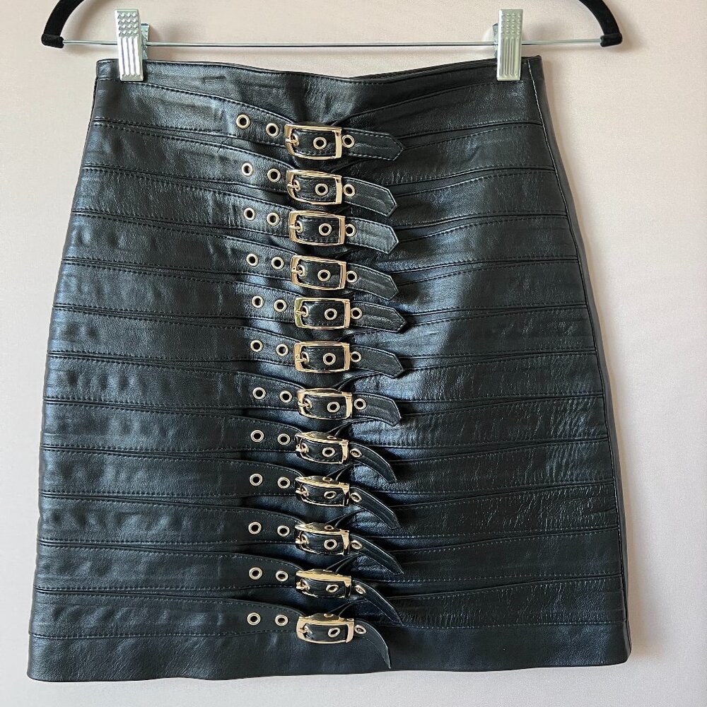 Manohki Buckle Detail Mini Skirt in Black Leather